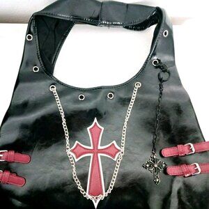 Gothic Grommet + Red Cross Black Shoulder Bag Purse Faux Leather+ Bag Charm